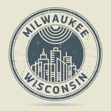 Grunge lastik damgası veya metin Milwaukee, Wisconsin etiketi