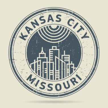 Grunge lastik damgası veya metin Kansas City, Missouri etiketi