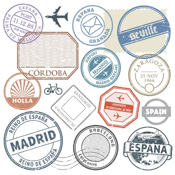 Selos de viagem ou símbolos de aventura definir tema Espanha, illus vetor — Vetor de Stock