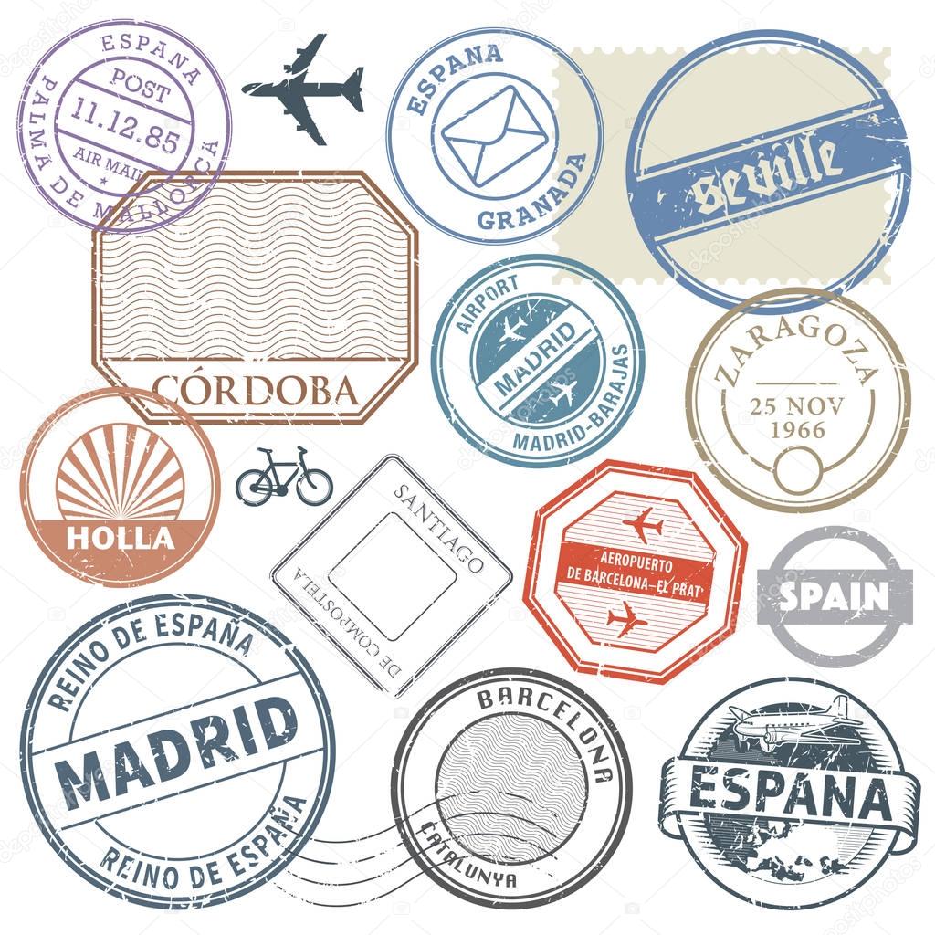 Travel stamps or adventure symbols set Spain theme, vector illus