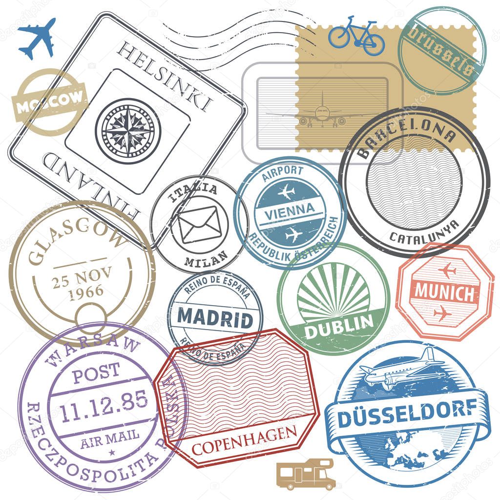 Travel stamps or adventure symbols set Europe theme