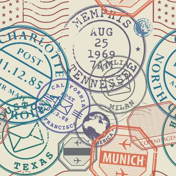 Ταξίδια γραμματόσημα ή περιπέτεια σύμβολα σύνολο, χωρίς ραφή πρότυπο — Διανυσματικό Αρχείο
