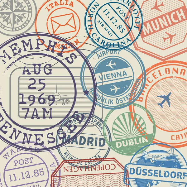 Timbres de voyage ou symboles d'aventure ensemble ou arrière-plan — Image vectorielle