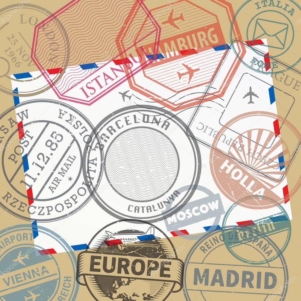 Travel stamps or adventure symbols set or background