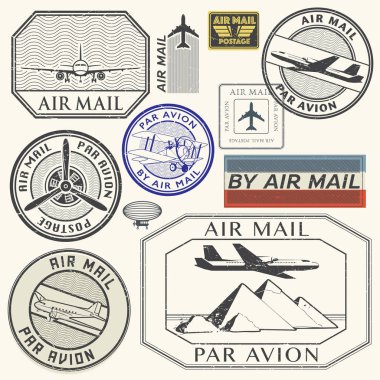 Grunge kauçuk mürekkep pulları uçak metin hava posta ile ayarla