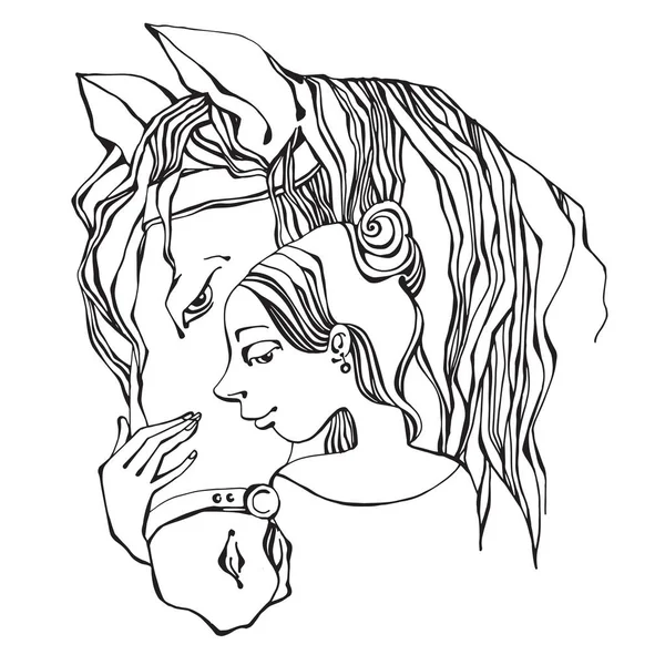Девушка и лошадь, рисунок вручную, вектор — стоковый вектор