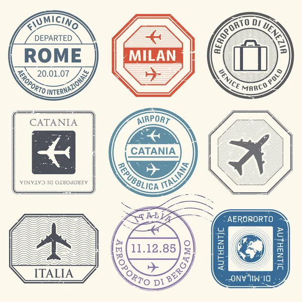 旅行スタンプまたは冒険シンボル セット イタリアの空港のテーマ — ストックベクタ