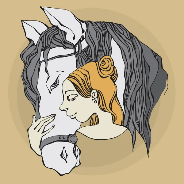 Chica y caballo, ilustración dibujada a mano — Vector de stock