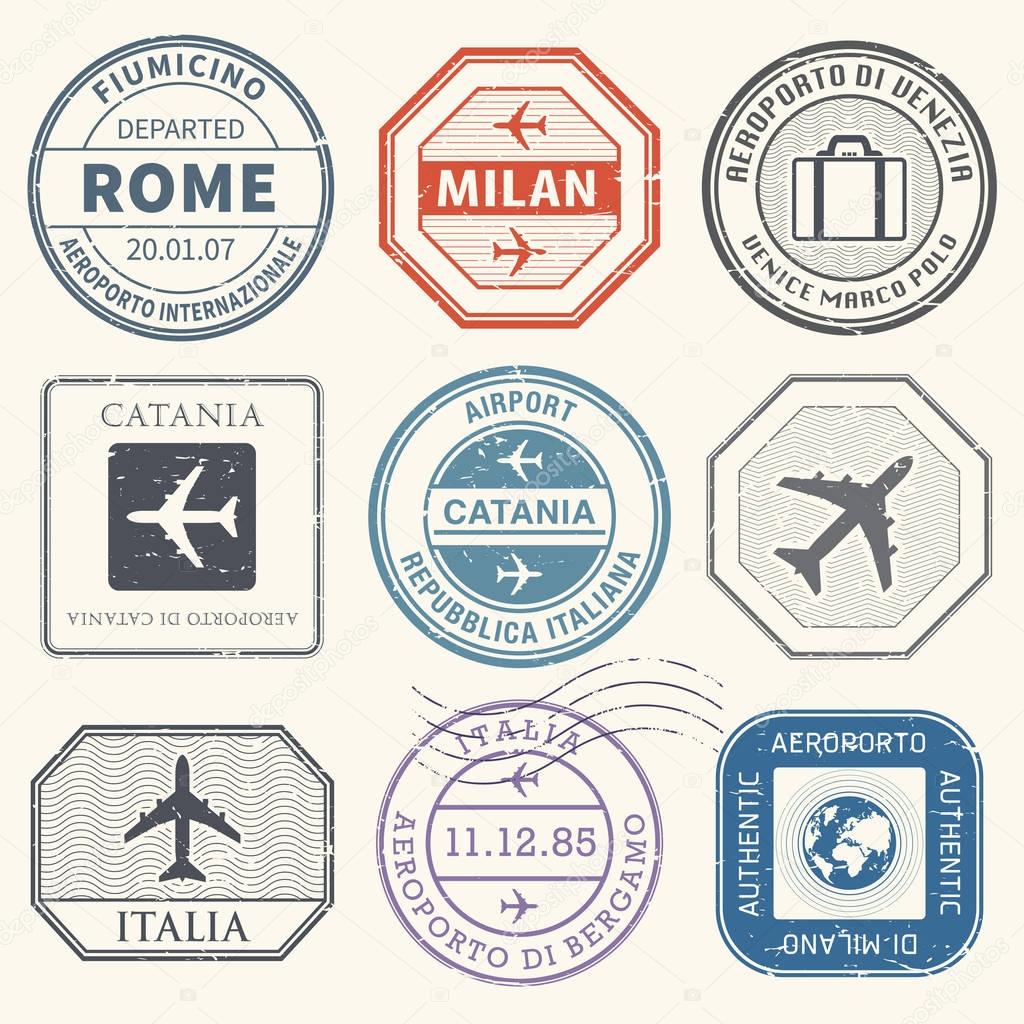 Travel stamps or adventure symbols set Italy airport theme
