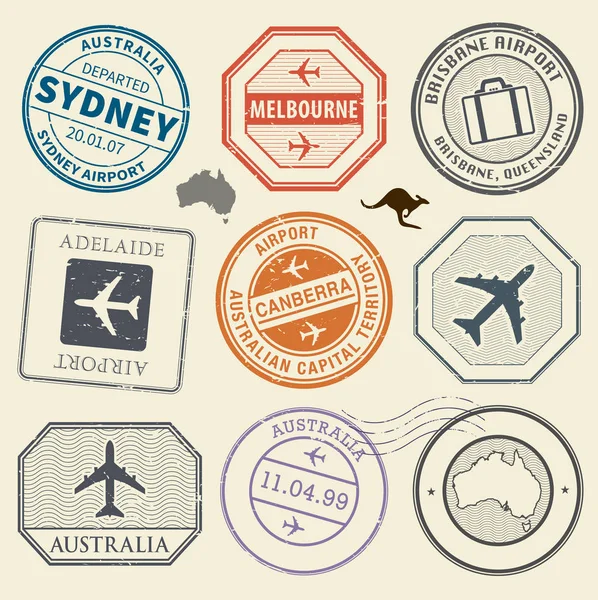 Reizen stempels of avontuur symbolen Australië luchthaven thema ingesteld — Stockvector