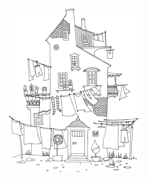 Рука намальовані будинки з вікнами, пральня, вулиця — стоковий вектор