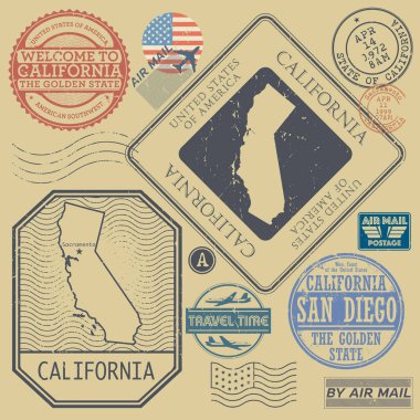 Retro vintage posta pulları California, Amerika Birleşik Devletleri ayarla