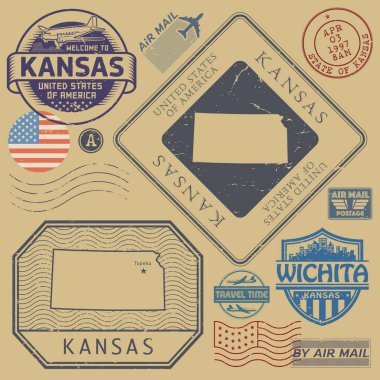 Retro vintage posta pulları Kansas, Amerika Birleşik Devletleri ayarla