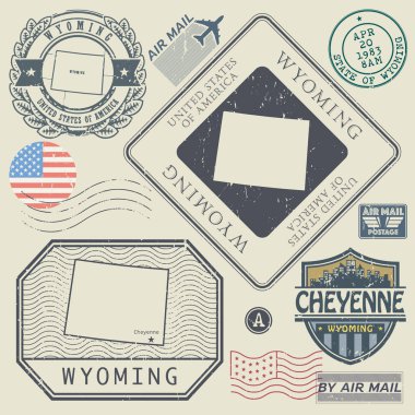 Retro vintage posta pulları Wyoming, Amerika Birleşik Devletleri ayarla