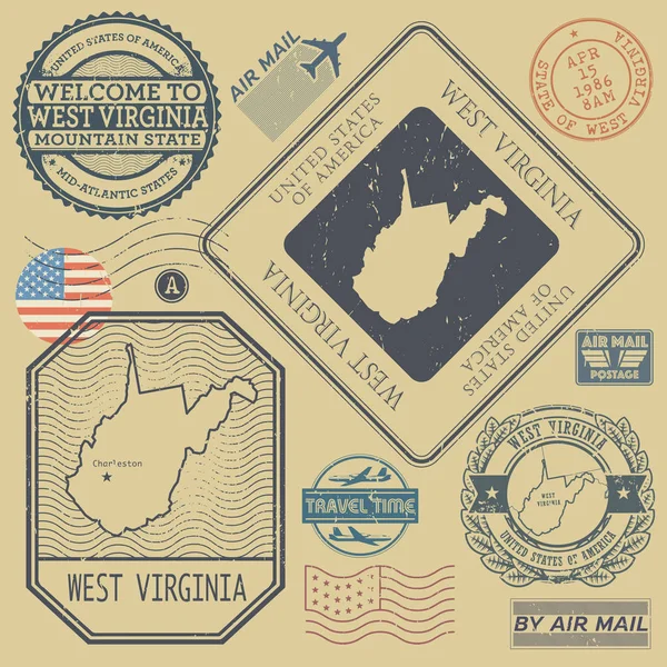 Set de sellos postales retro vintage West Virginia, Estados Unidos — Vector de stock