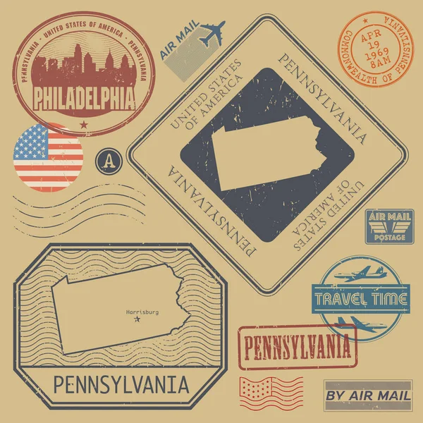 Conjunto de sellos postales retro vintage Pennsylvania, Estados Unidos — Archivo Imágenes Vectoriales