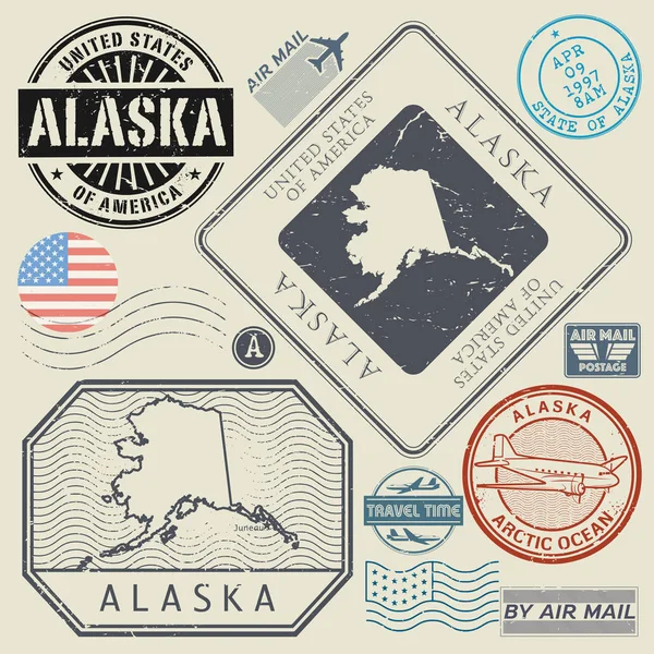 Retro vintage Briefmarken Set alaska, vereinigte Staaten — Stockvektor