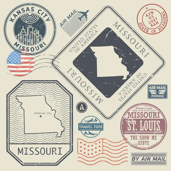 Coffret de timbres-poste vintage rétro Missouri, États-Unis — Image vectorielle