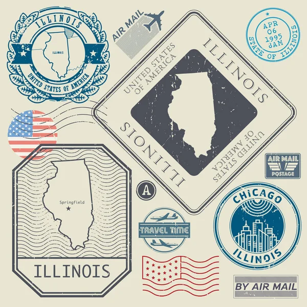 Ensemble de timbres-poste vintage rétro Illinois, États-Unis — Image vectorielle