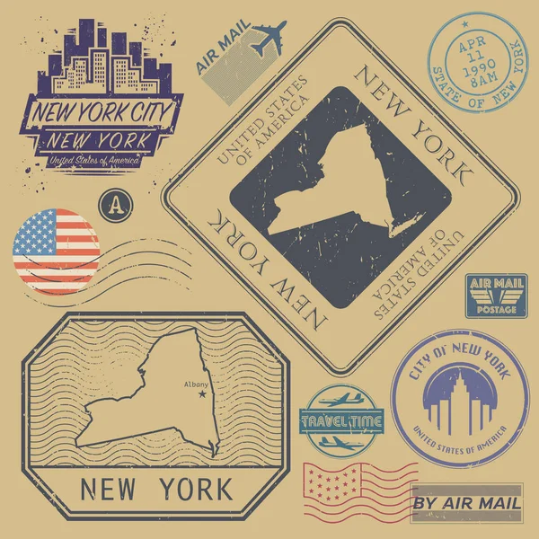 Selos postais vintage retro set New York, Estados Unidos — Vetor de Stock