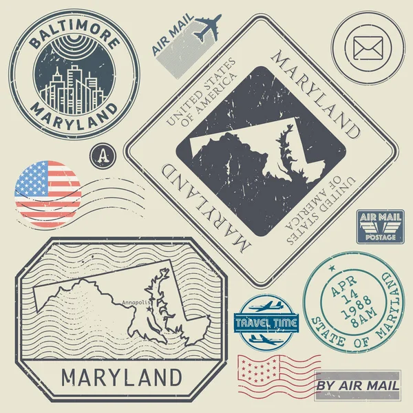 Selos postais vintage retro definir Maryland, Estados Unidos — Vetor de Stock