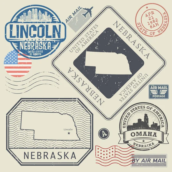 Set de sellos postales retro vintage Nebraska, Estados Unidos — Vector de stock