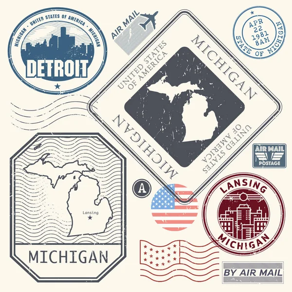 Conjunto de selos postais vintage retro Michigan, Estados Unidos — Vetor de Stock