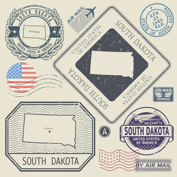 Série de timbres-poste vintage rétro Dakota du Sud, États-Unis — Image vectorielle