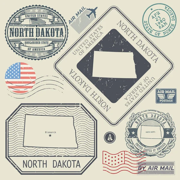 Conjunto de sellos postales retro vintage Dakota del Norte, Estados Unidos — Archivo Imágenes Vectoriales