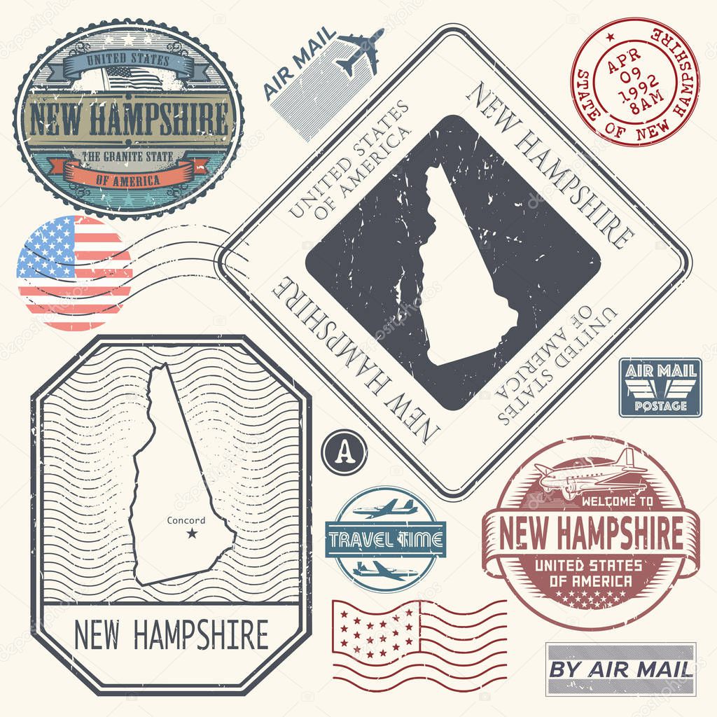 Retro vintage postage stamps set New Hampshire, United States