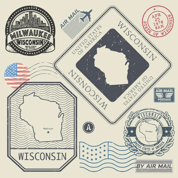 レトロなビンテージ切手セット ウィスコンシン州、アメリカ合衆国 — ストックベクタ