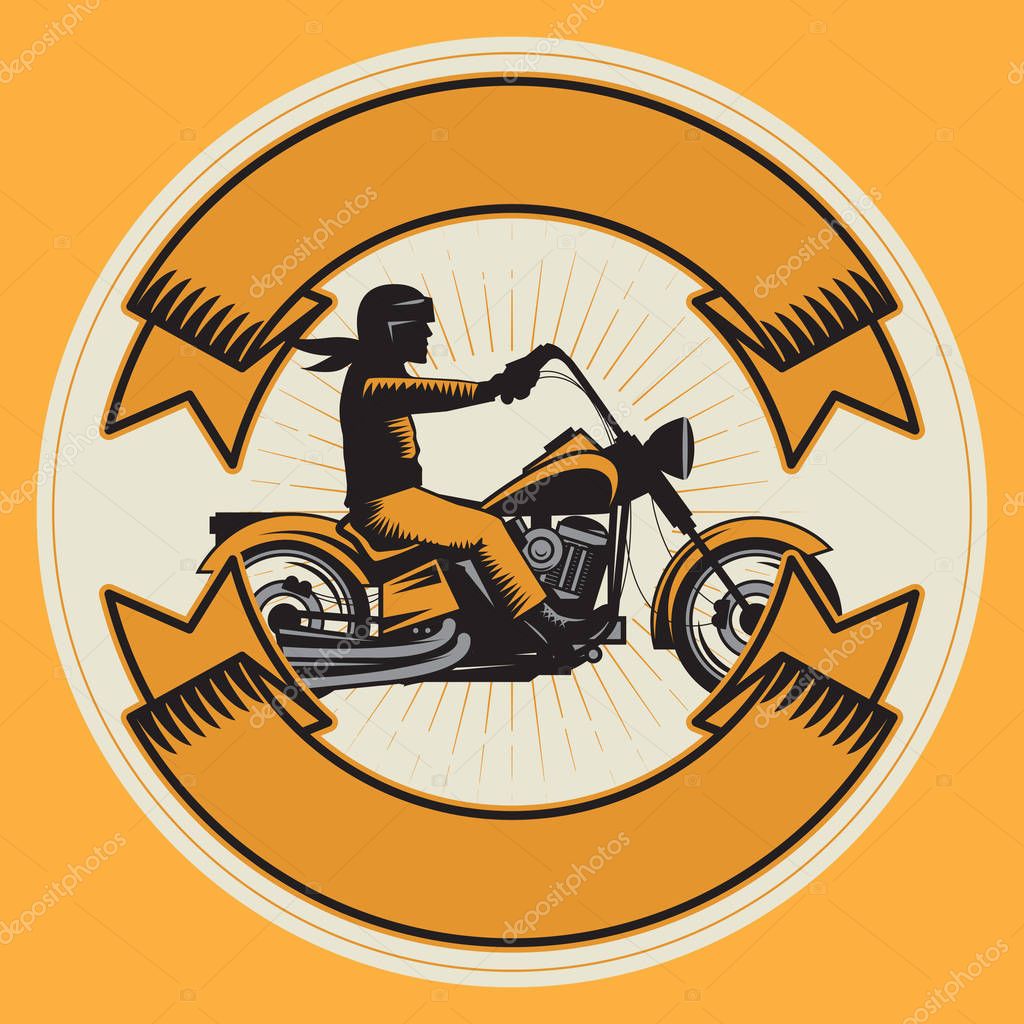 Biker riding a motorcycle. Bikers event or festival emblem with space for text. Motorcycle label t-shirt design. Vector illustration.