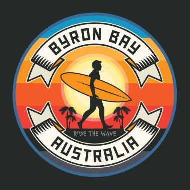 Soyut sörfçü damgası veya işareti metin Byron Bay, Avustralya