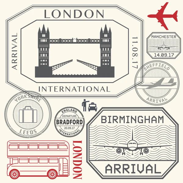 Resor frimärken eller symboler in England London och Storbritannien — Stock vektor