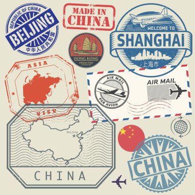 Çin, metin ile ayarla pullar Shanghai, Pekin seyahat