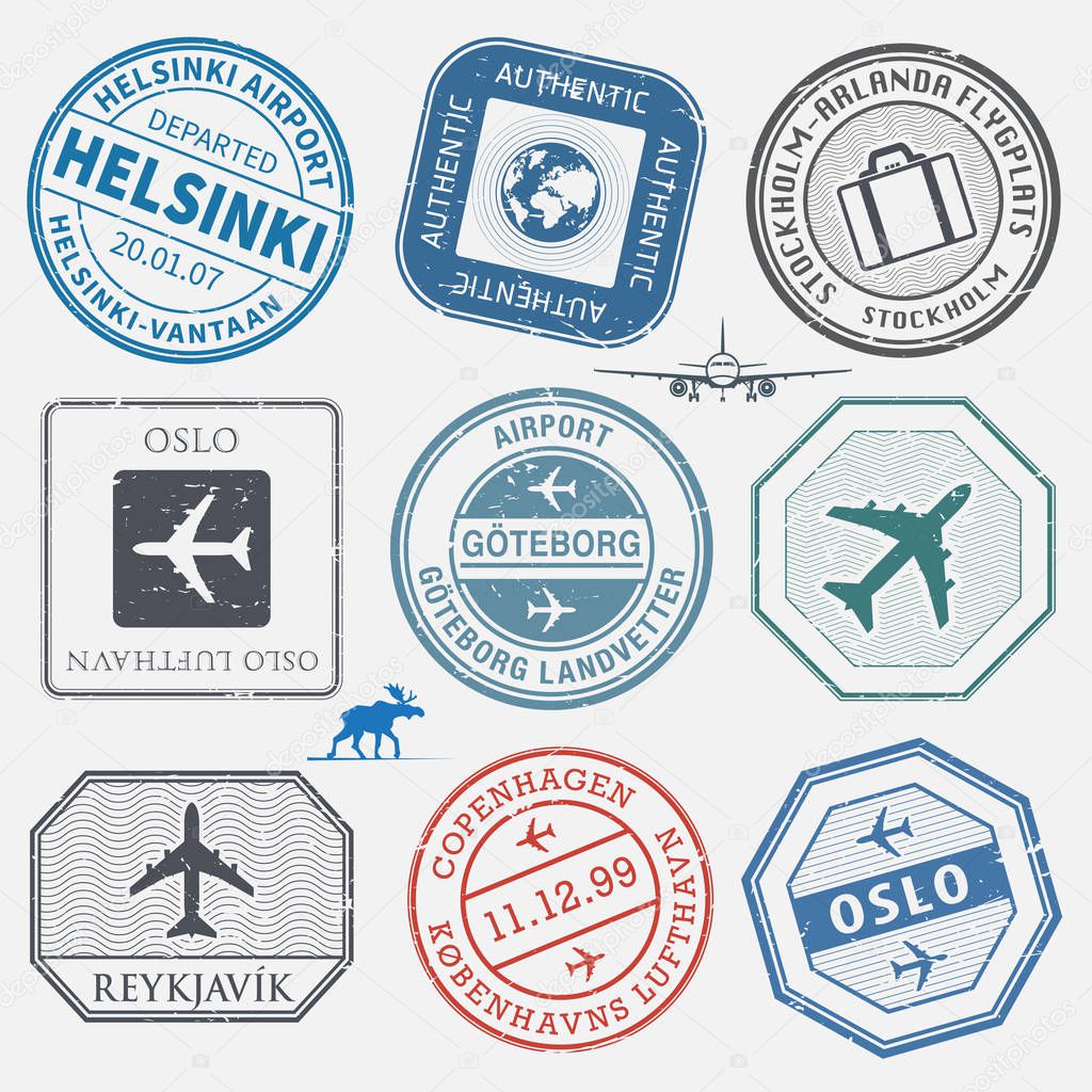 Travel stamps or adventure symbols set, Scandinavian airport the