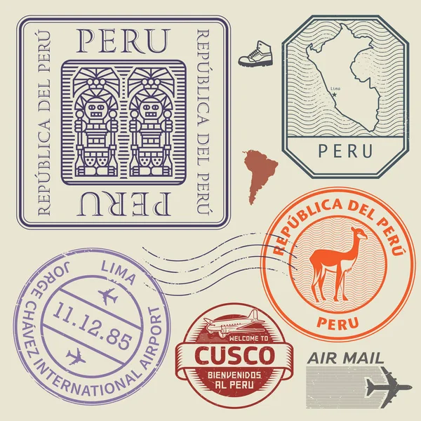 Reizen stempels of symbolen instellen Peru, Zuid Amerika thema — Stockvector