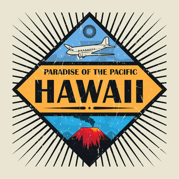 Emblema vintage con avión, volcán y texto Hawaii — Vector de stock