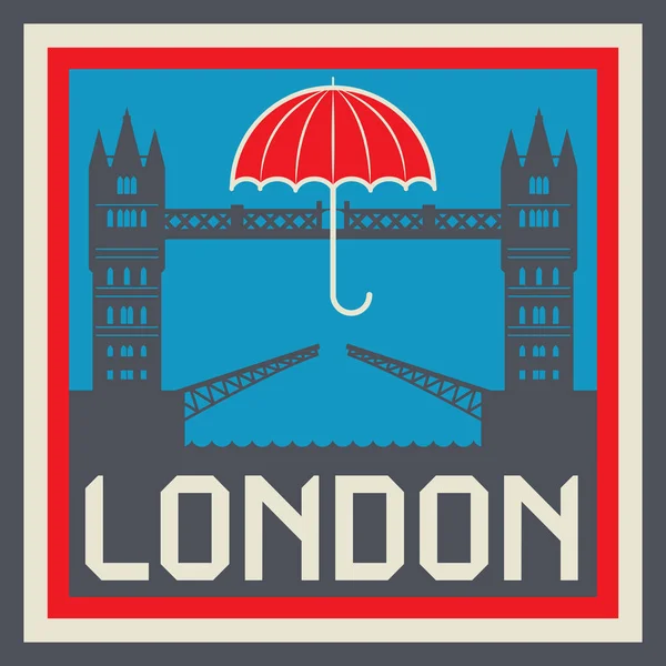 Etiqueta com texto Londres e Tower Bridge com guarda-chuva —  Vetores de Stock