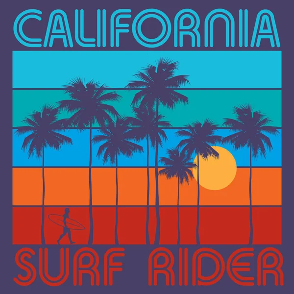Tema de surf con texto California, Surf Rider — Vector de stock