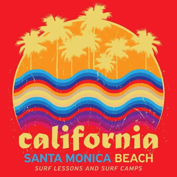 Thema van surfen met tekst California, Santa Monica Beach. — Stockvector