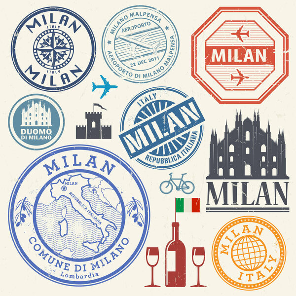 International business travel visa stamps or symbols set Italy, 