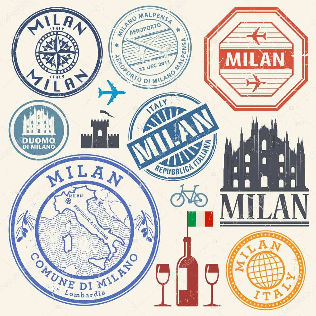 International business travel visa stamps or symbols set Italy, 