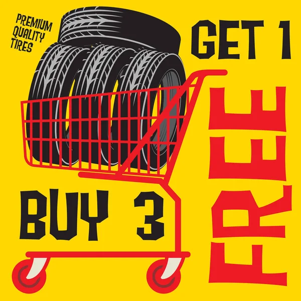 Verkaufsplakat mit Reifen in der Einkaufstabelle — Stockvektor
