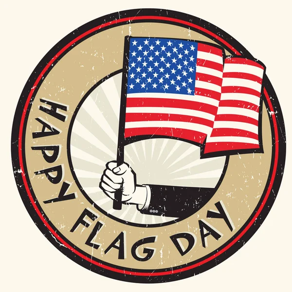 Mano sosteniendo bandera americana. Texto del sello Feliz Día de la Bandera — Archivo Imágenes Vectoriales