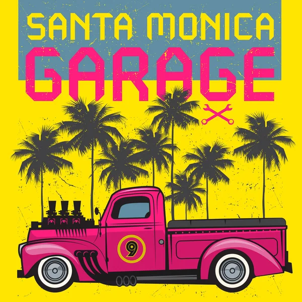 Cartel de camioneta retro con texto Santa Monica Garage — Vector de stock