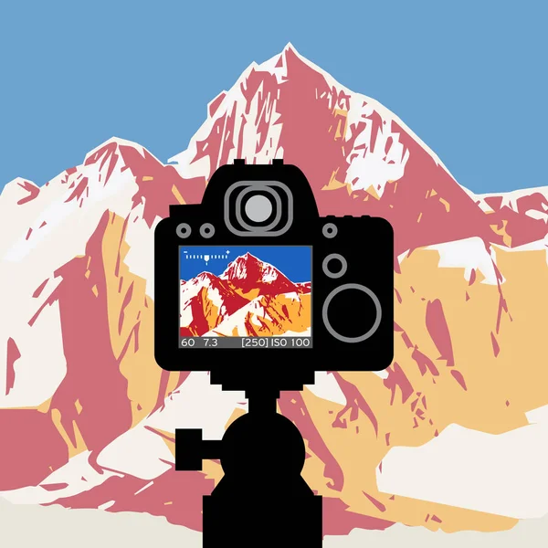 DSLR reflex camera photographing mountain landscape — Stock Vector
