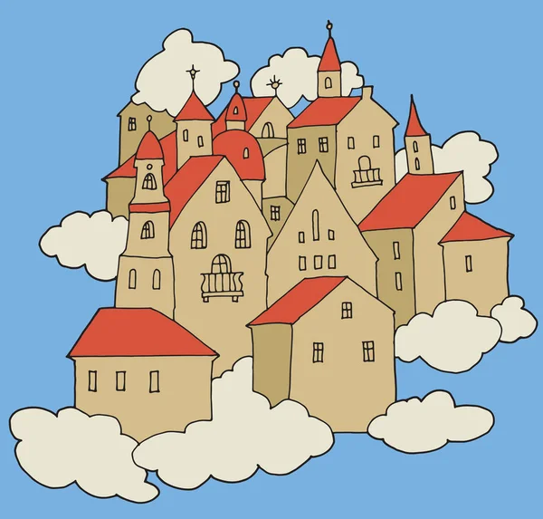Cartoon mano disegno piccola città nel cielo — Vettoriale Stock