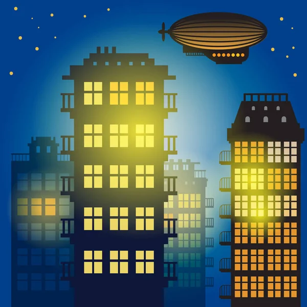 Ciudad por la noche. Silueta de luces de la ciudad en las ventanas — Vector de stock