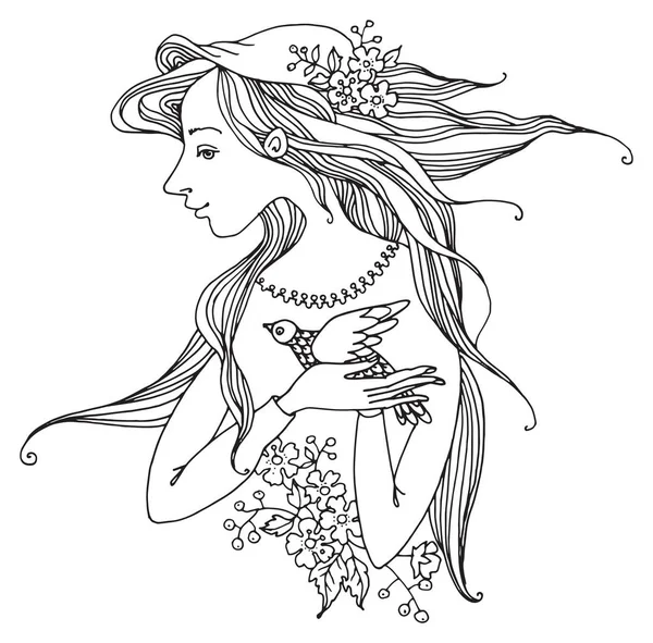 Fille avec des fleurs et des oiseaux, dessinée à la main — Image vectorielle